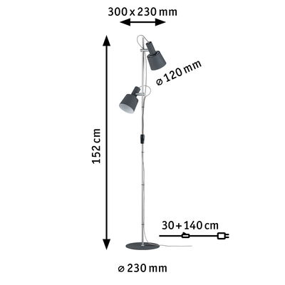 Lampadaire LED avec deux abat-jours métalliques noirs réglables, dimensions indiquées