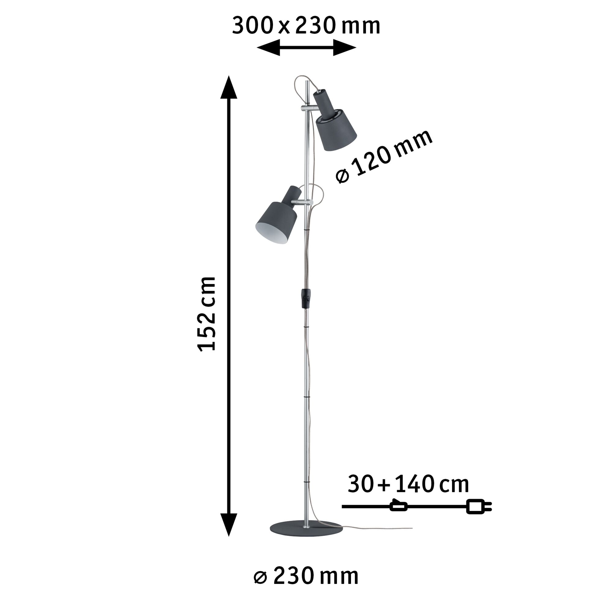 Standing LED lamp with two black metal shades and adjustable lights, dimensions shown