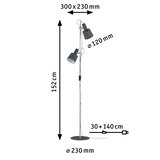 Lampadaire LED avec deux abat-jours métalliques noirs réglables, dimensions indiquées