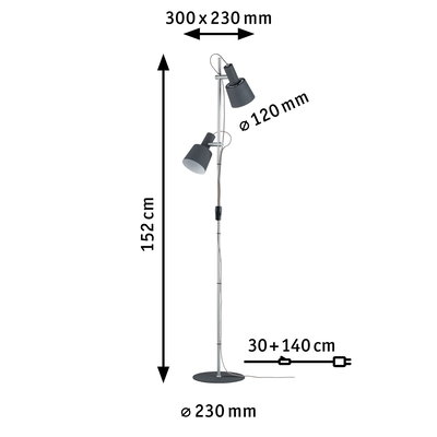 Lampadaire LED avec deux abat-jours métalliques noirs réglables, dimensions indiquées