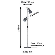 Metal floor reading lamp in grey with two adjustable shades and detailed size dimensions