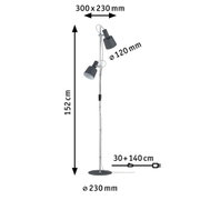 Metal floor reading lamp in grey with two adjustable shades and detailed size dimensions