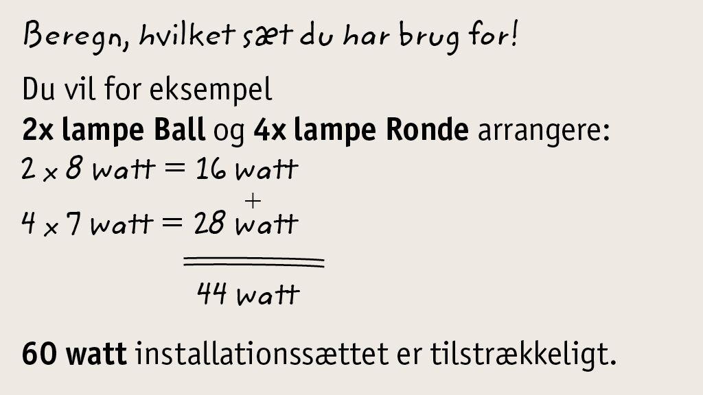 Håndskrevet beregning af watt for lampe Ball og Ronde med 60 watt installationssæt