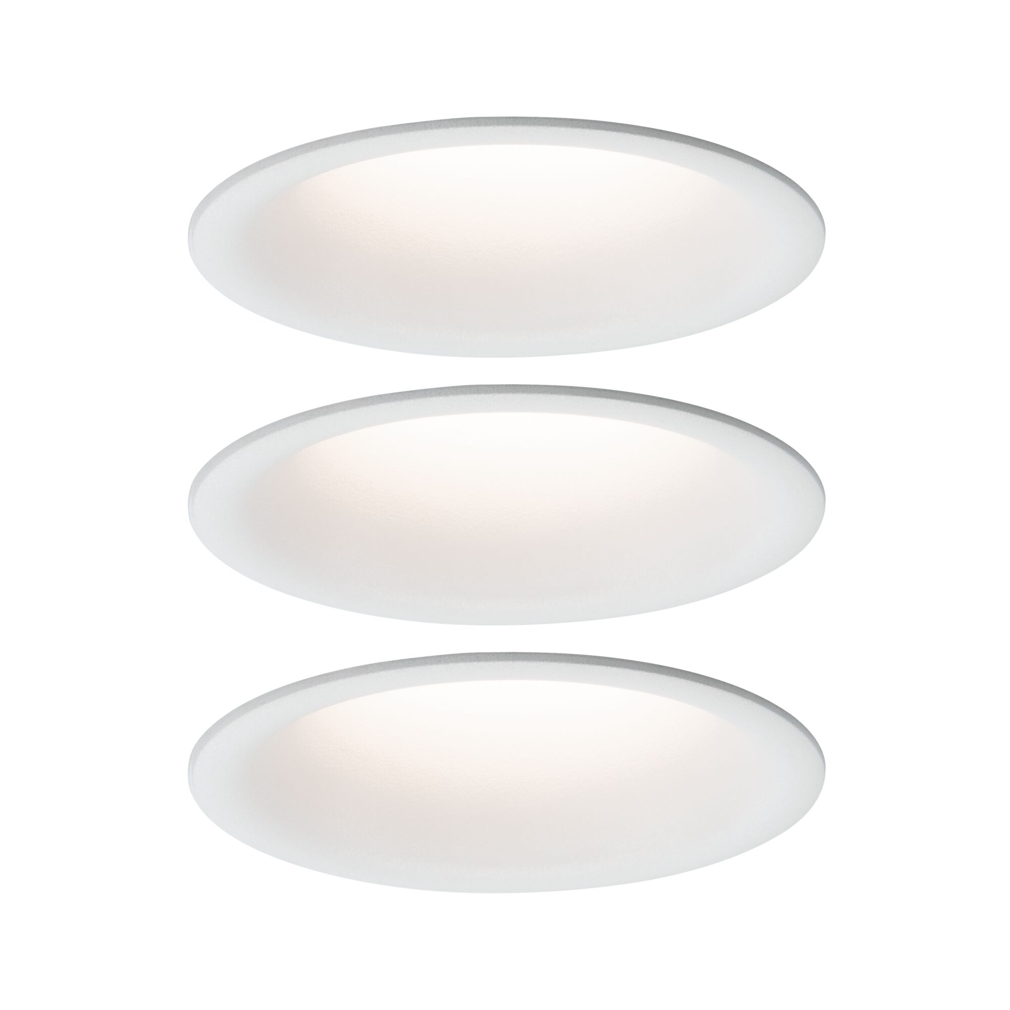 Tre hvide runde LED-indbygningslamper med mat diffuser til energieeffektiv belysning