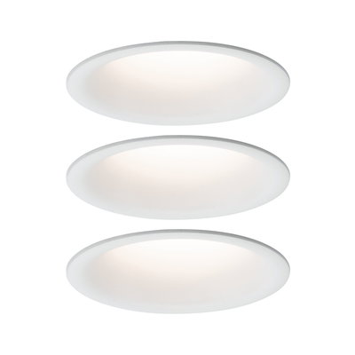 Three white round LED recessed lights with matte diffuser for energy-efficient room lighting