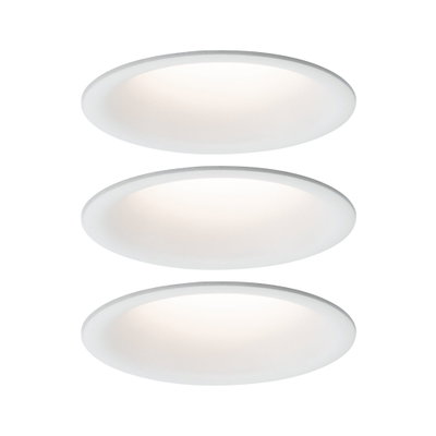 Three white round LED recessed lights with matte diffuser for energy-efficient room lighting