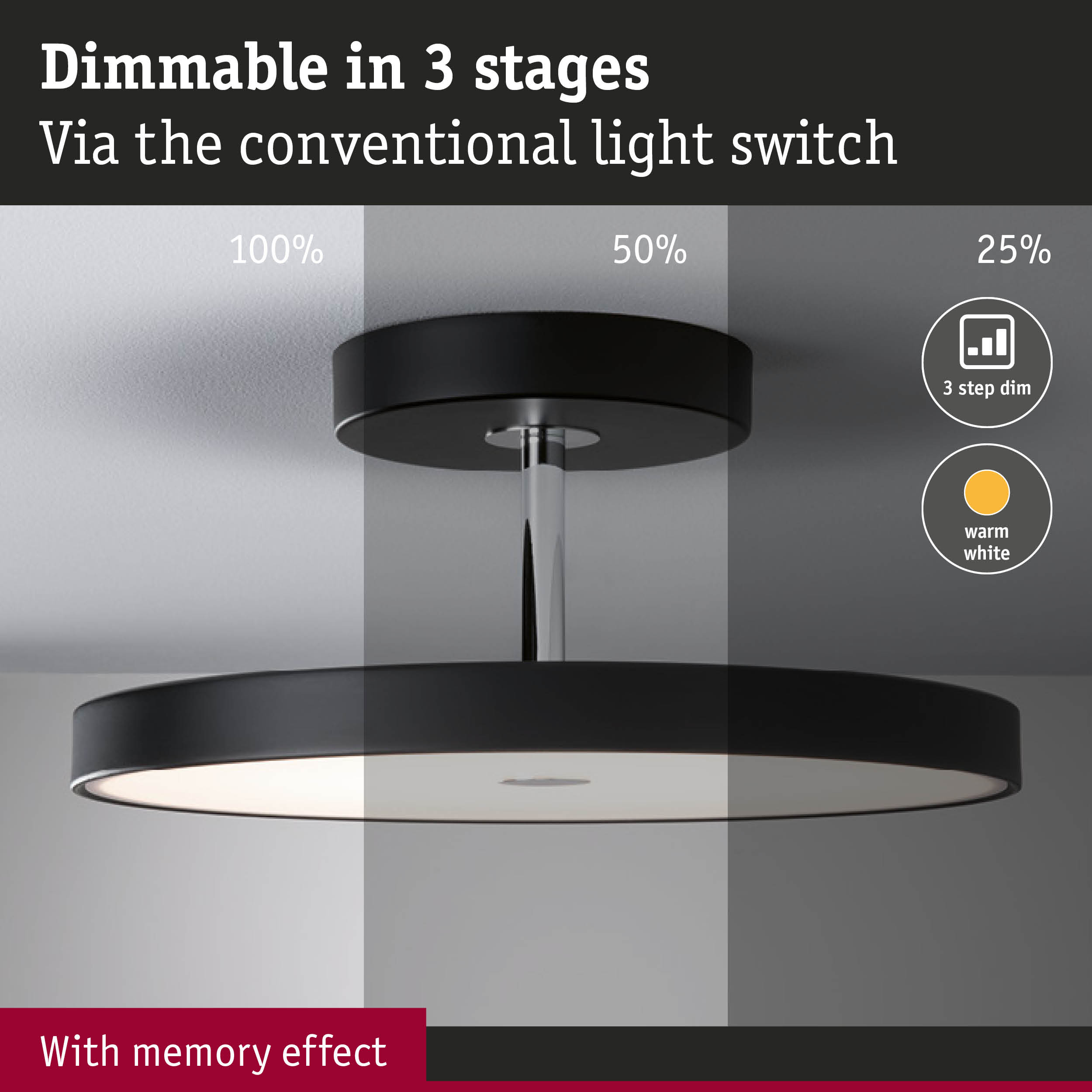 Black ceiling light with dimmable warm white LED in three stages and memory effect for ambient lighting