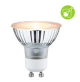 LED-Reflektorlampe mit GU10-Sockel aus Glas und Kunststoff in transparent und weiß für energiesparende Beleuchtung