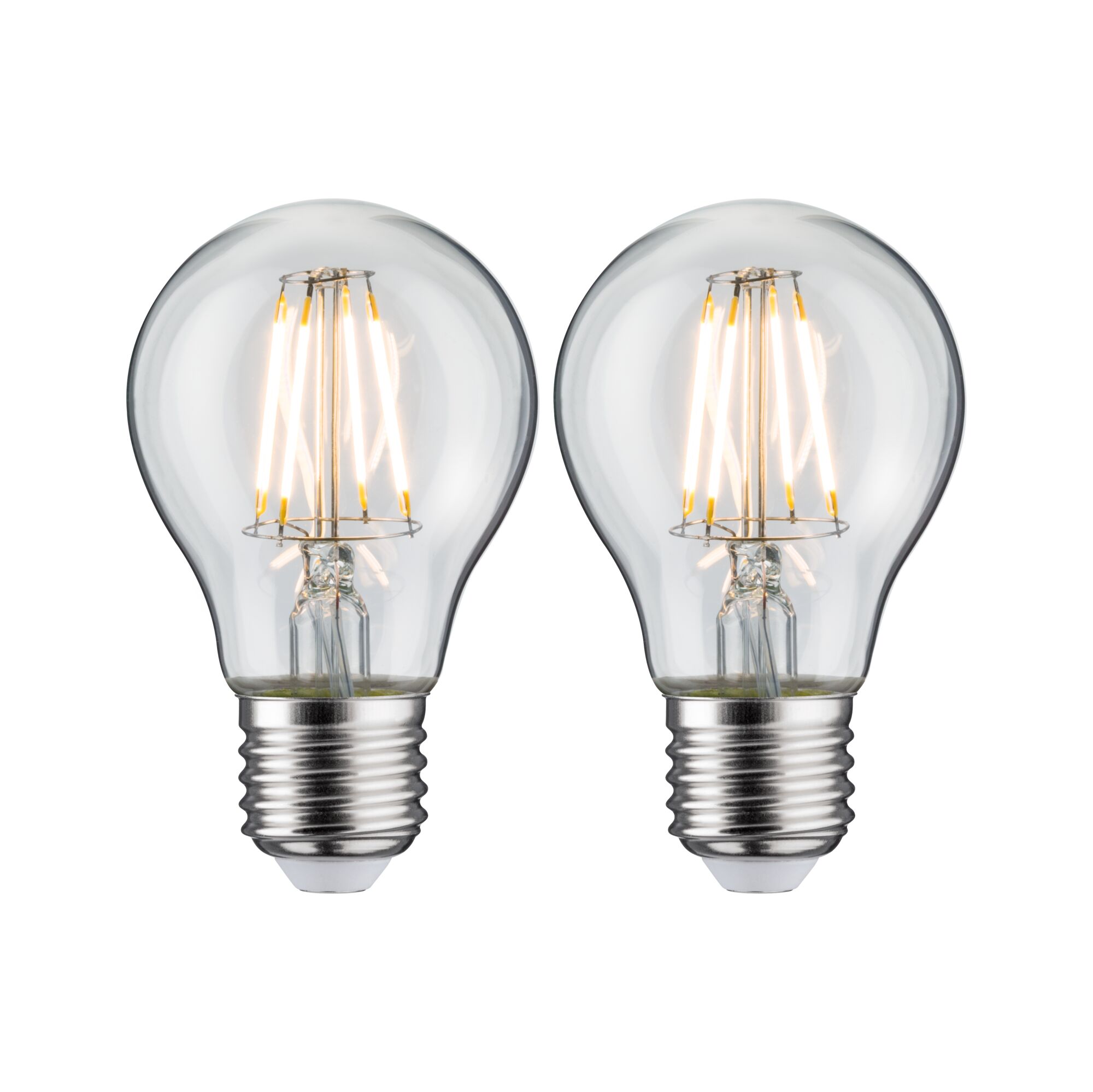 Zwei klare LED-Glühbirnen mit sichtbaren Filamenten und E27-Fassung für energiesparende Beleuchtung