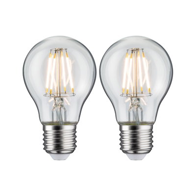 Zwei klare LED-Glühbirnen mit sichtbaren Filamenten und E27-Fassung für energiesparende Beleuchtung