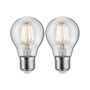Zwei klare LED-Glühbirnen mit sichtbaren Filamenten und E27-Fassung für energiesparende Beleuchtung