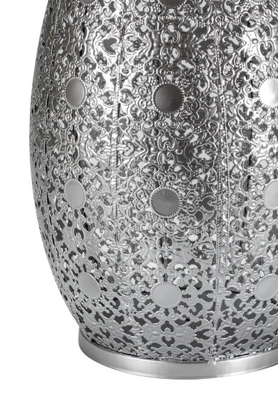 Decorative silver metal lampshade with intricate pattern for ambient lighting and home decor