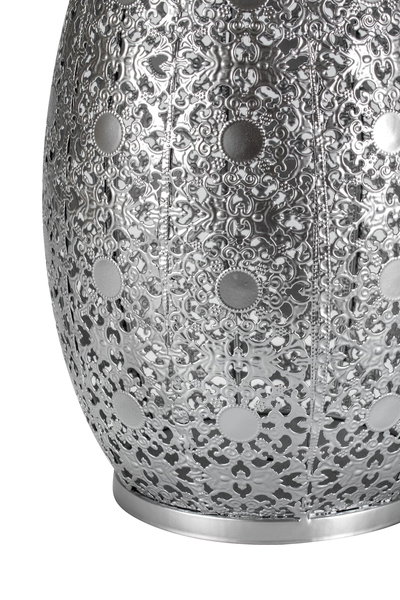 Decorative silver metal lampshade with intricate pattern for ambient lighting and home decor