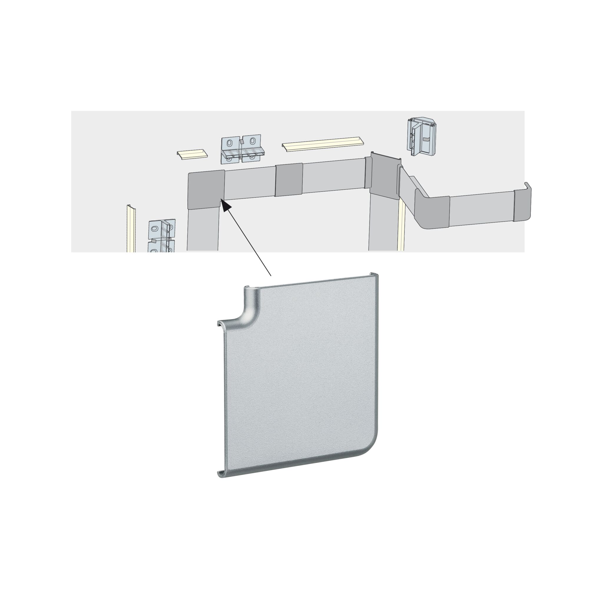 Exploded view of silver aluminum end cap for LED profiles designed for corner installation.