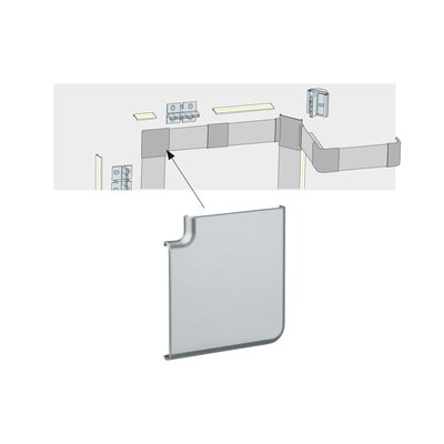 Exploded view of silver aluminum end cap for LED profiles designed for corner installation.