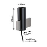 Schwarze Zylinder-Wandleuchte aus Metall mit Edelstahlhalterung und Kabel, Maße 120x45x150 mm