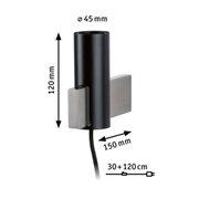 Black metal wall light with square stainless steel mount measuring 120x150 mm