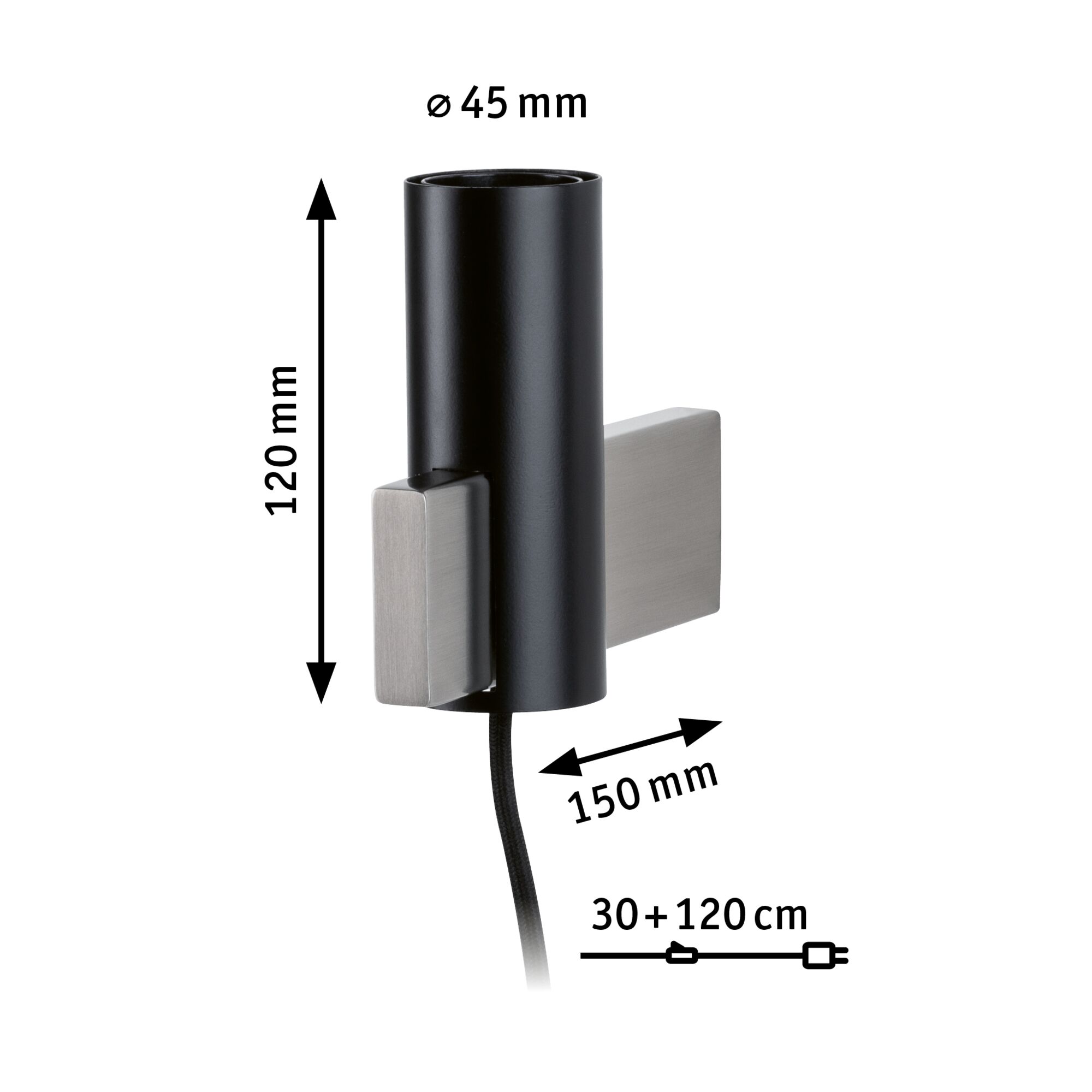 Black metal wall light with square stainless steel mount measuring 120x150 mm