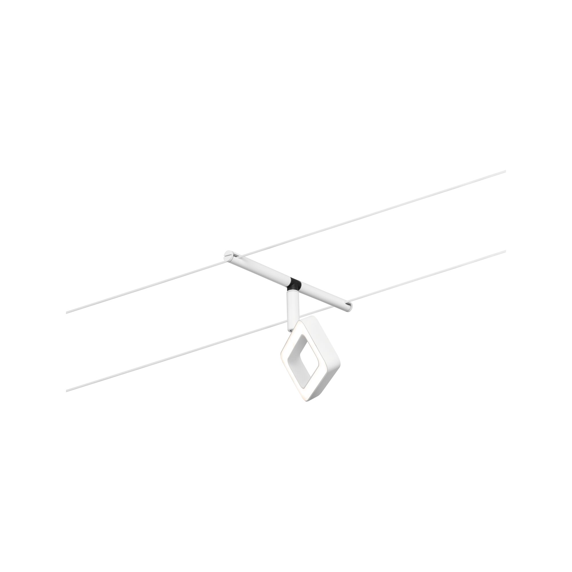 Modernes weißes LED-Seilsystem mit quadratischem Leuchtelement für flexible Raumbeleuchtung