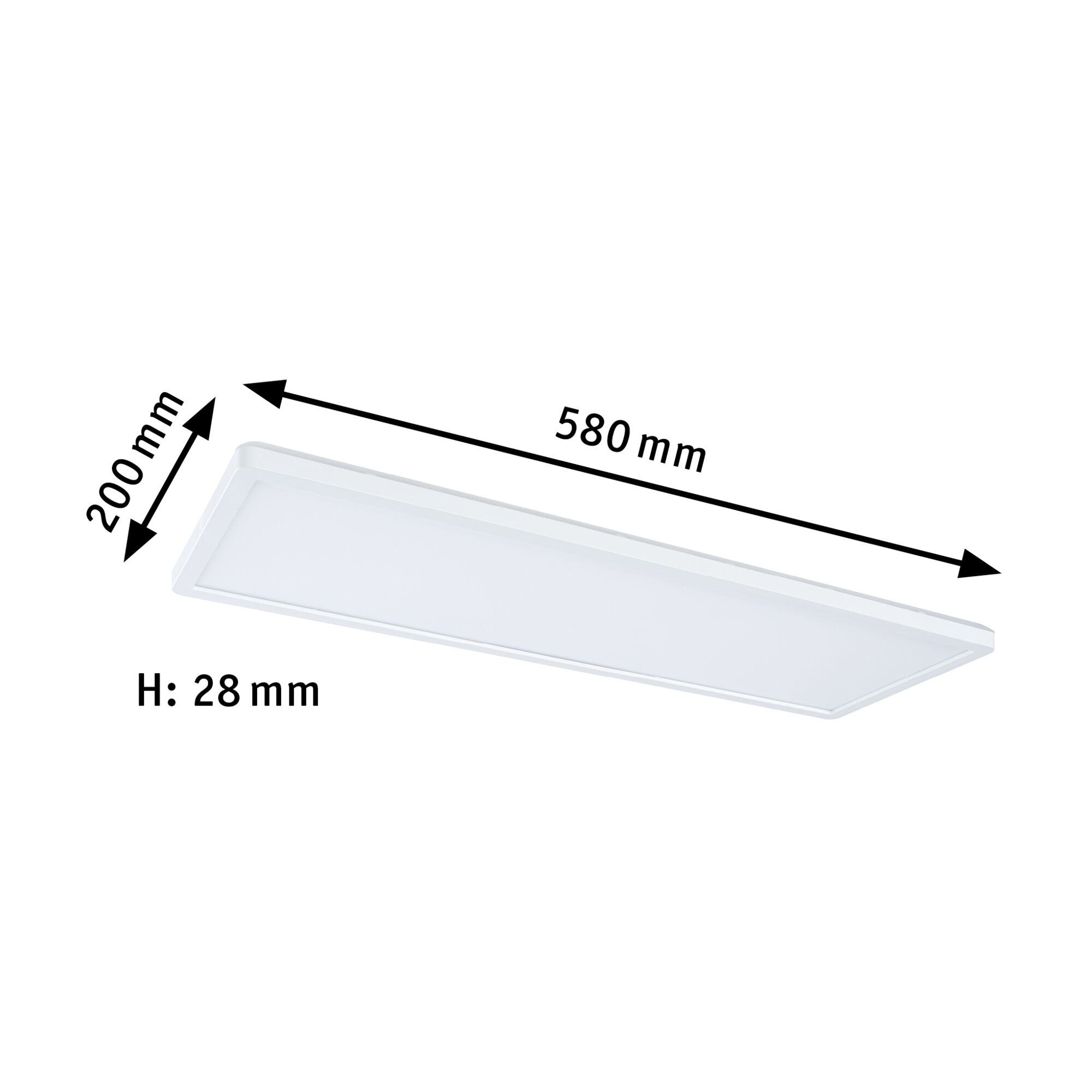 White plastic LED ceiling panel measuring 580x200x28 mm for modern room lighting