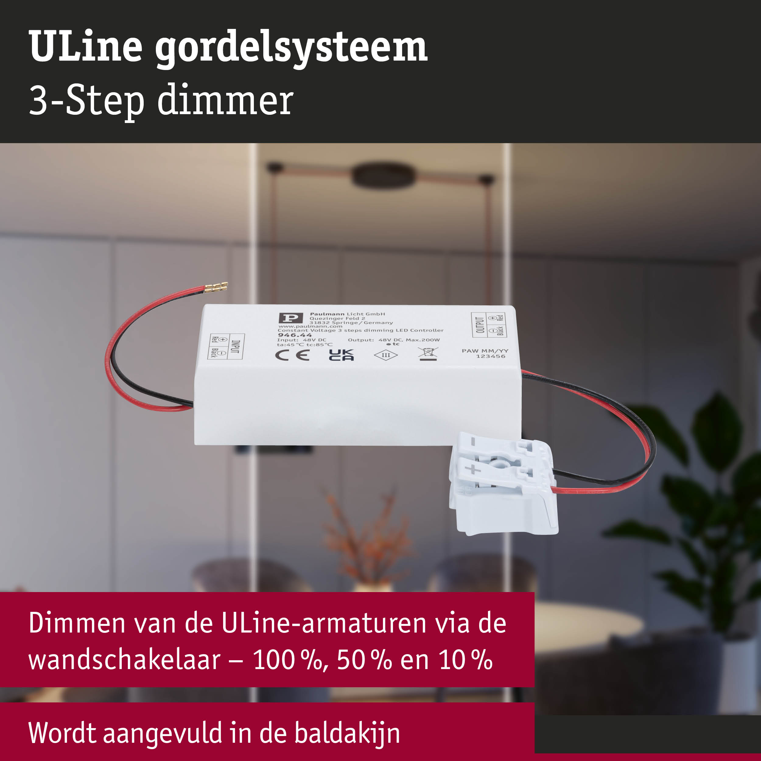 Witte ULine 3-staps dimmer met rode en zwarte kabels voor LED-verlichtingssystemen