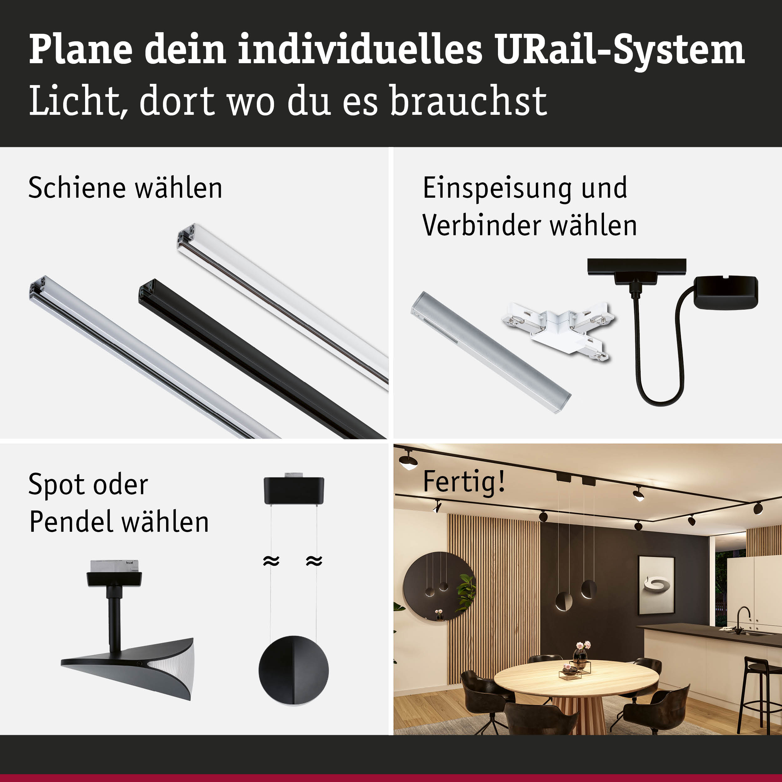 Modulares URail-Schienensystem in Schwarz und Weiß mit Spots und Pendelleuchten für individuelle Raumbeleuchtung