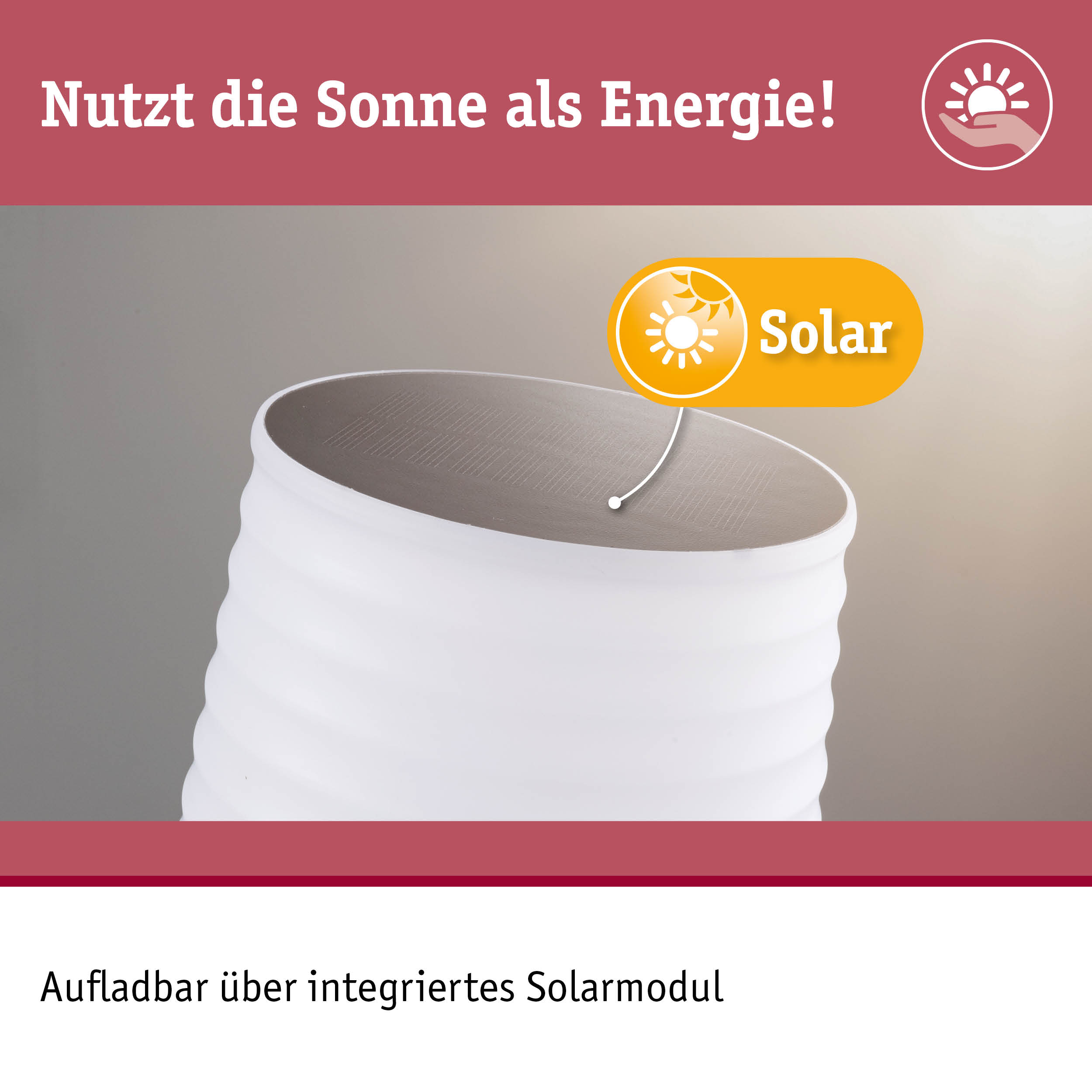 Weißes Produkt mit integriertem Solarmodul zur Nutzung von Solarenergie für nachhaltige Stromversorgung