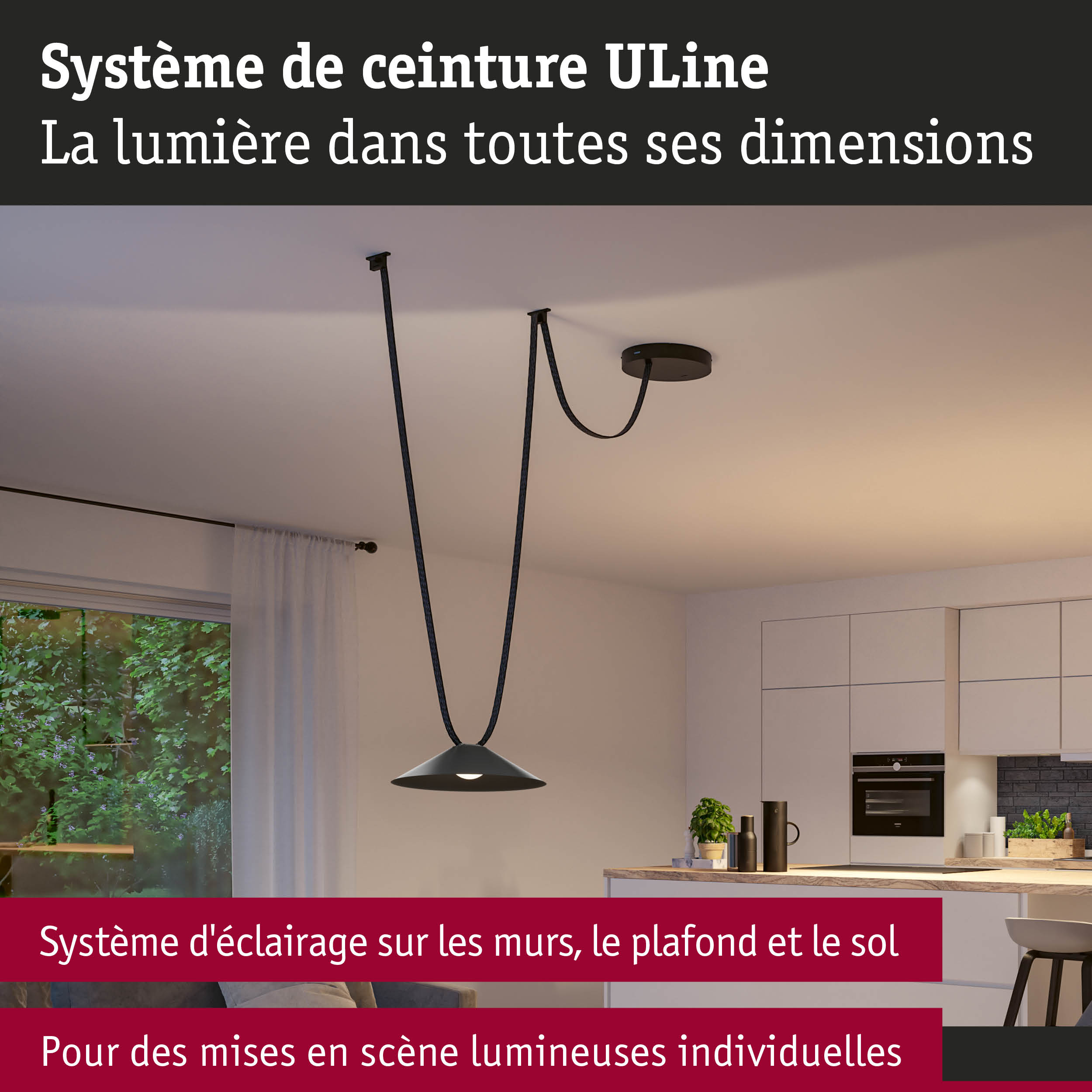 Système d'éclairage suspendu noir avec câble dans cuisine moderne pour mises en scène lumineuses personnalisées