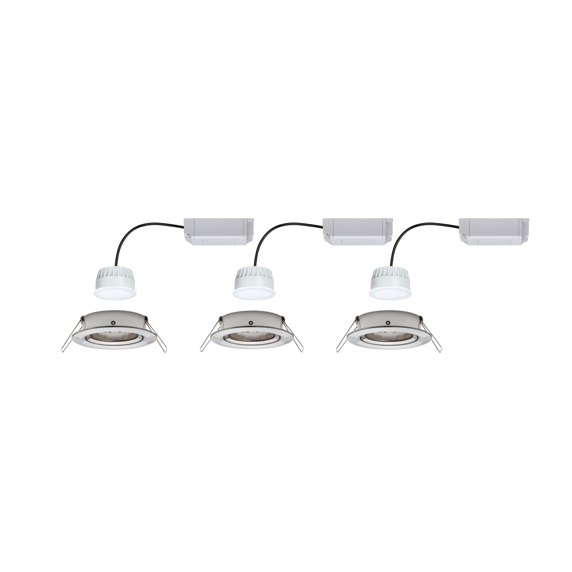 Three white LED recessed spotlights with silver mounting frames and external drivers for modern lighting