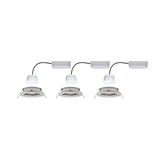 Three white LED recessed spotlights with silver mounting frames and external drivers for modern lighting
