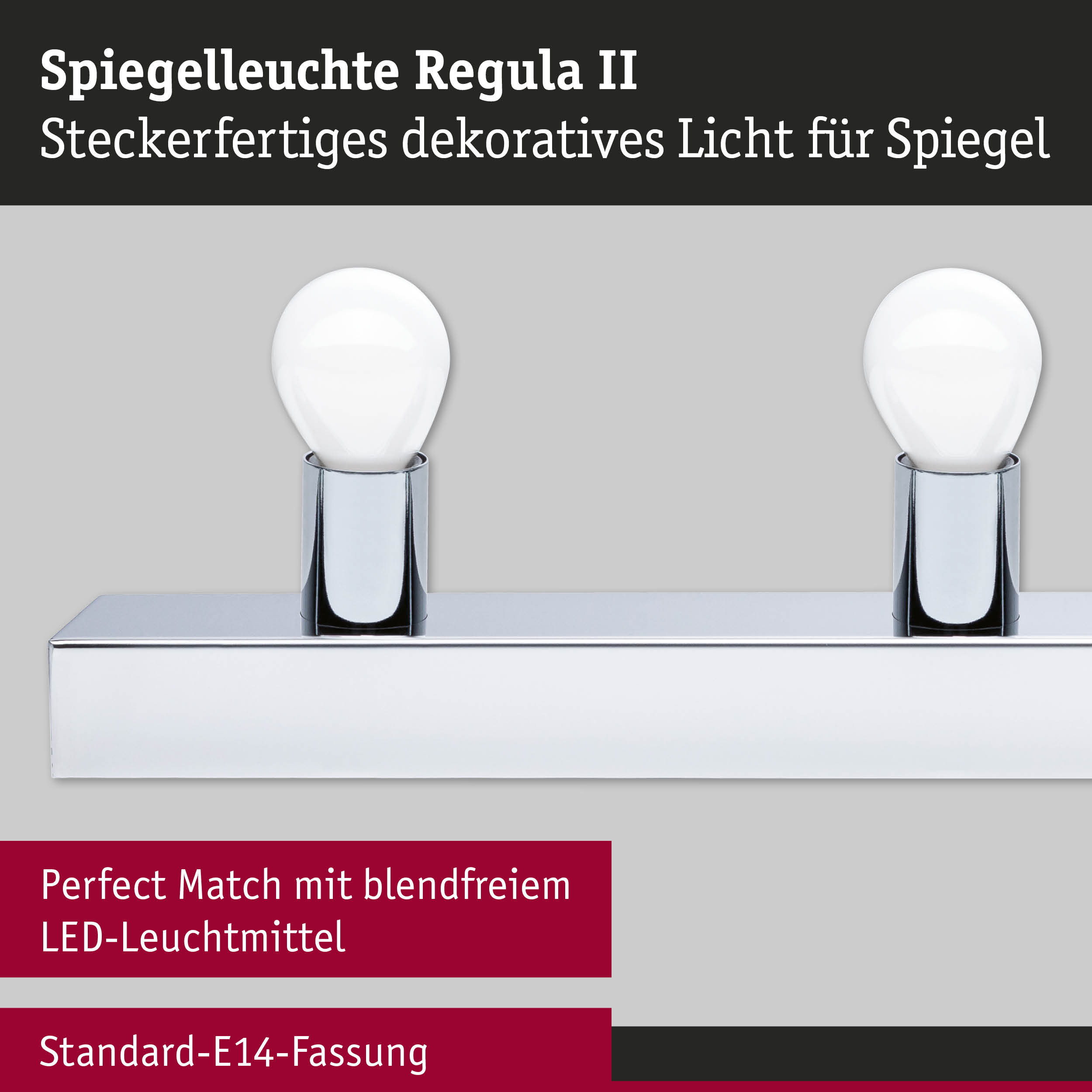 Spiegelleuchte Regula II aus chromfarbenem Metall mit zwei LED-Leuchtmitteln für Badspiegelbeleuchtung