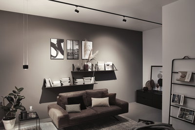 Modern living room with brown leather sofa, black wall shelves, and minimalist ceiling track lighting
