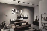 Modernes Wohnzimmer mit braunem Ledersofa, schwarzen Wandregalen und minimalistischer Deckenbeleuchtung