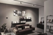 Modern living room with brown leather sofa, black wall shelves, and minimalist ceiling track lighting