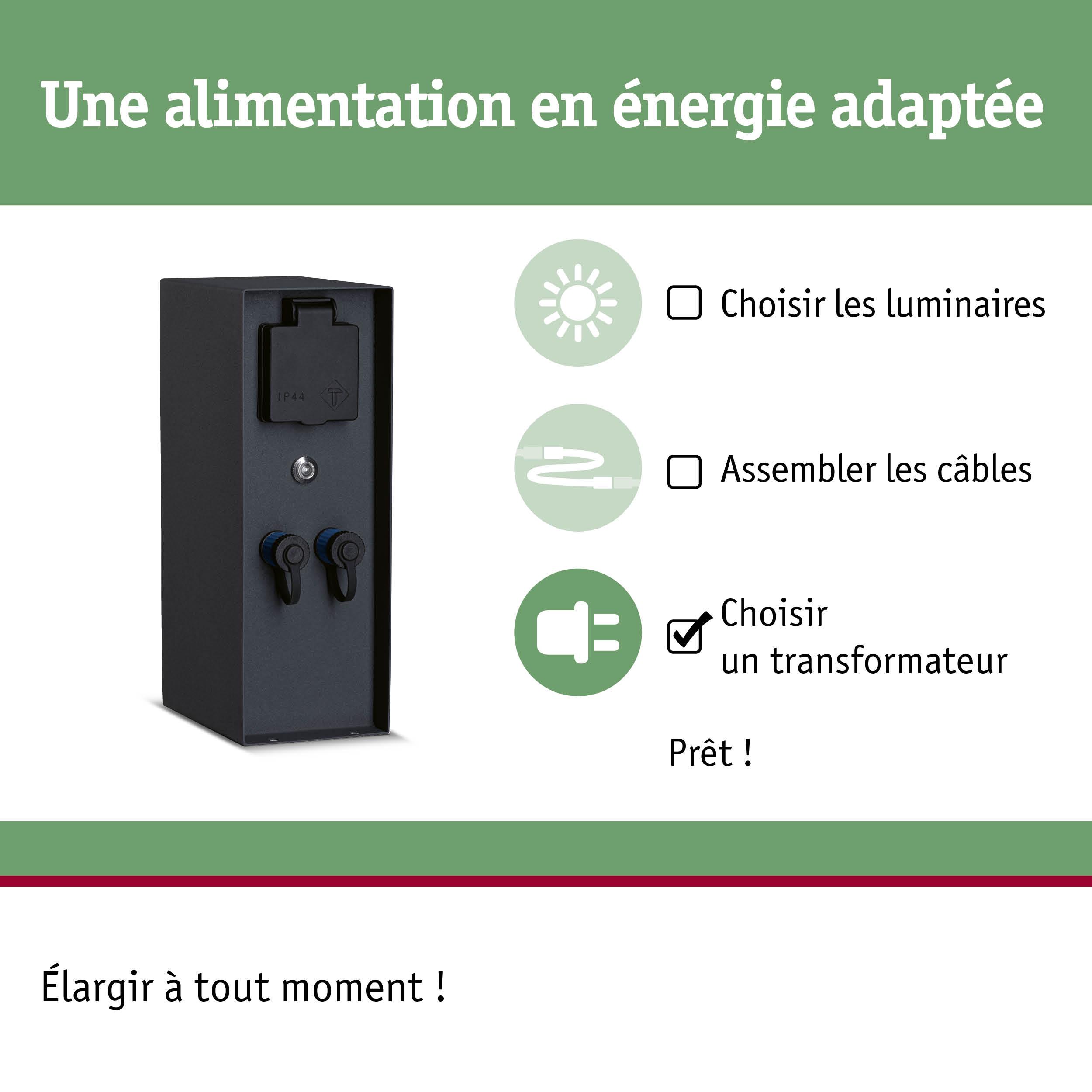Boîtier transformateur noir avec prise et connecteurs pour installation d'éclairage économe en énergie