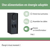 Boîtier transformateur noir avec prise et connecteurs pour installation d'éclairage économe en énergie