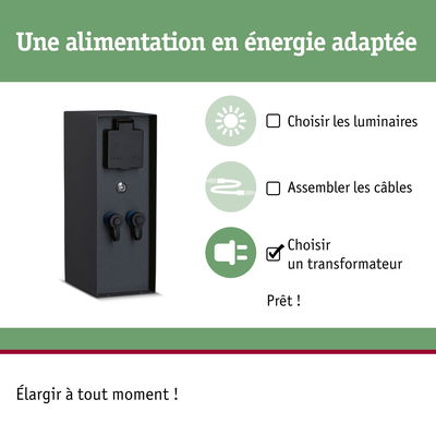 Boîtier transformateur noir avec prise et connecteurs pour installation d'éclairage économe en énergie