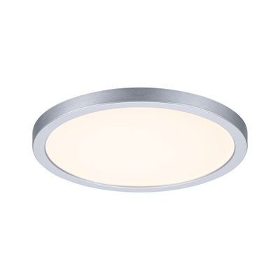 Round LED ceiling light with silver aluminum frame and warm white light for modern interiors
