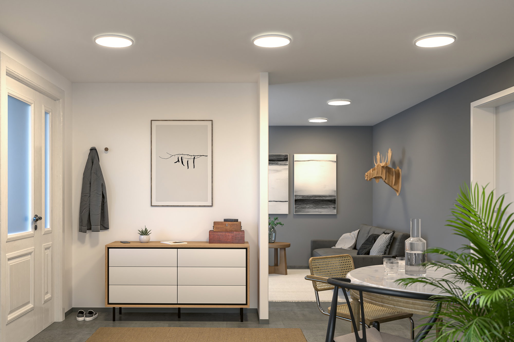 Modern living room with white round ceiling lights, grey wall and wooden decor for ambient home lighting