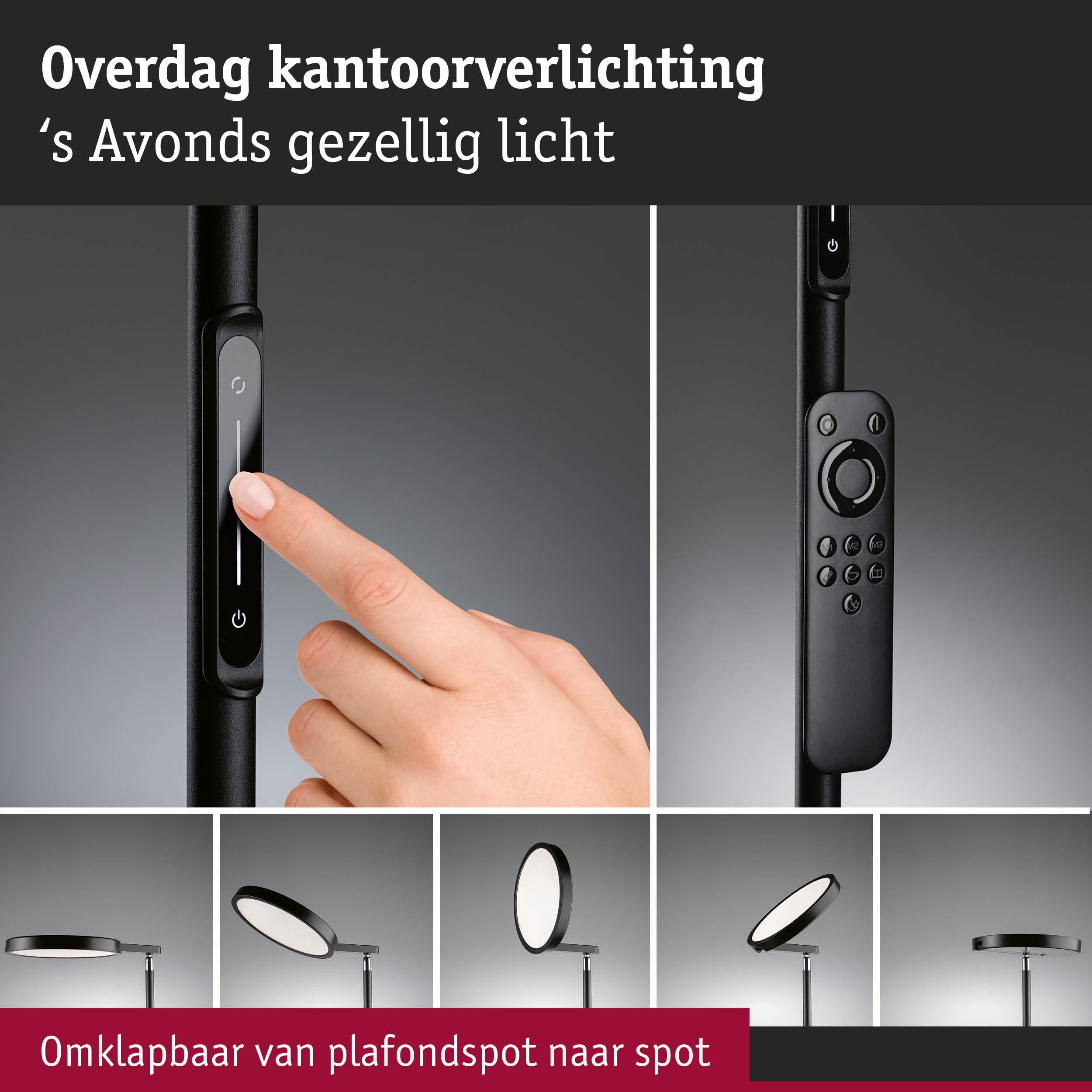 Zwarte dimbare LED-kantoorlamp met touch- en afstandsbediening, omklapbaar van plafond- naar spotlicht