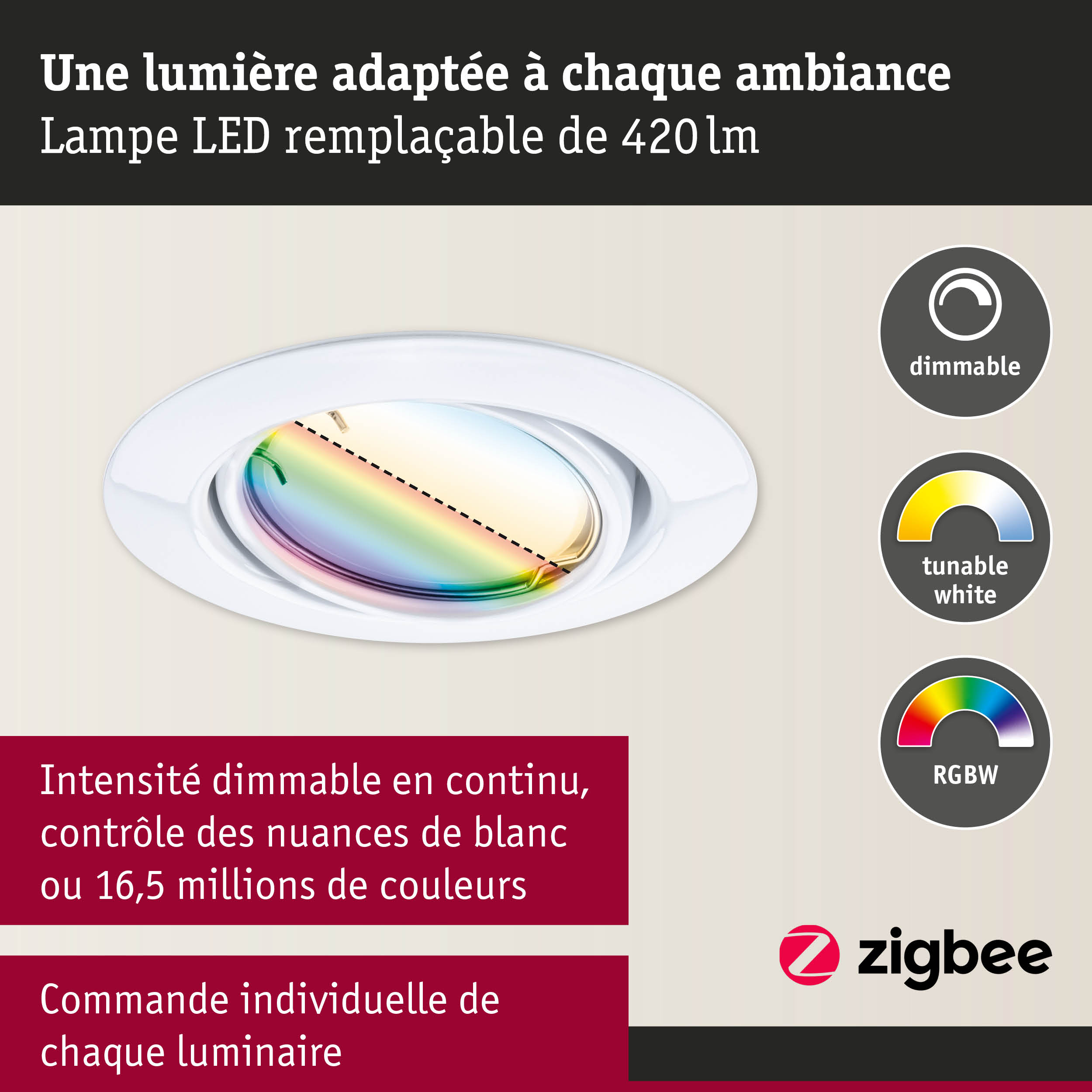 Spot LED encastré blanc avec intensité dimmable et blanc réglable, contrôle couleur RGBW