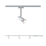 Rail lumineux LED en métal argenté avec trois spots orientables pour éclairage intérieur moderne