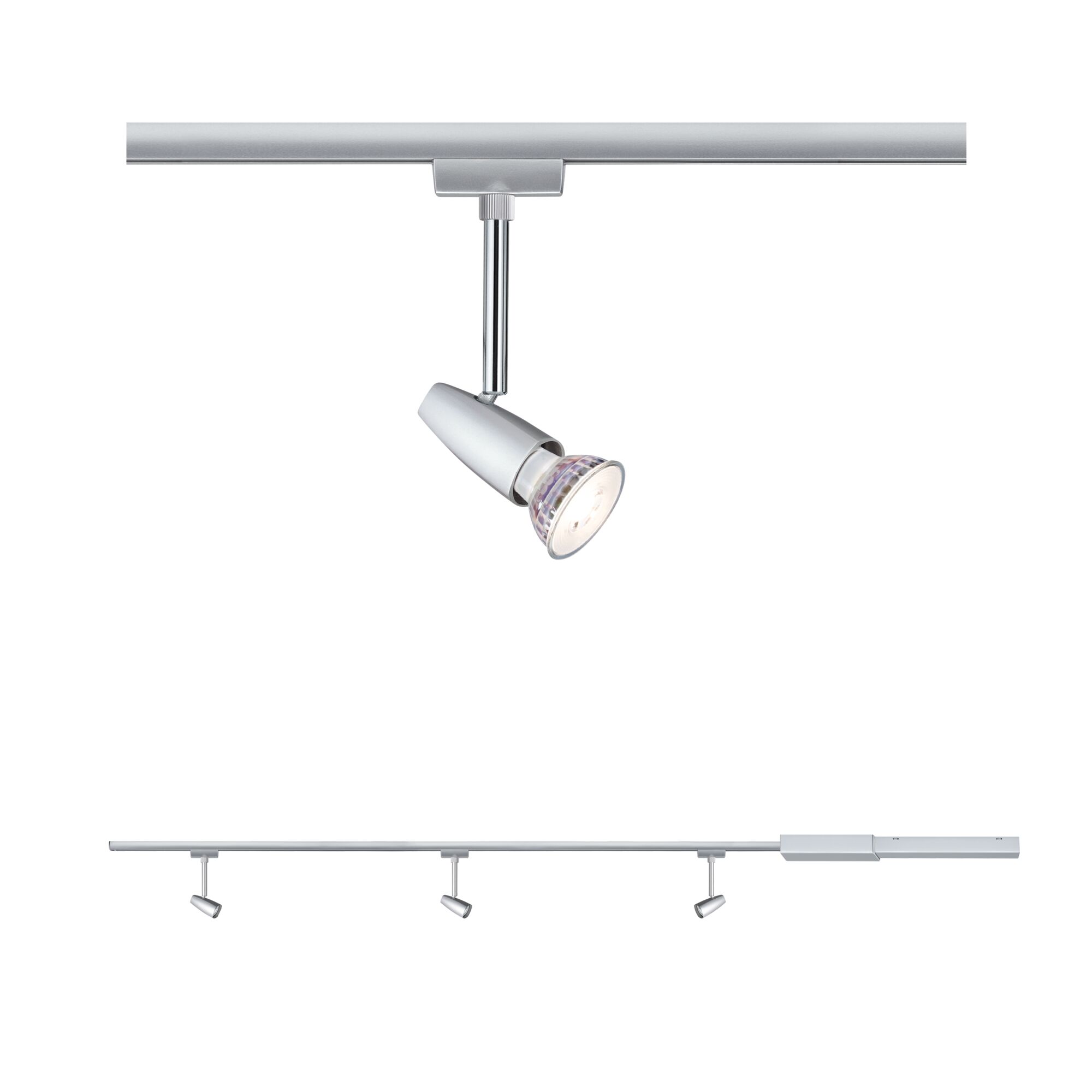 URail Skinnespot Smart Home Zigbee 3.0 Barelli Basissæt GU10 max. 3x10W dæmpbar 230V Mat krom/Krom Smart Home Zigbee Sølvfarvet LED-skinne med tre justerbare spots i metal til moderne rumbelysning