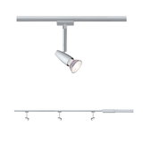 Silver metal LED track light with three adjustable spotlights for modern interior lighting
