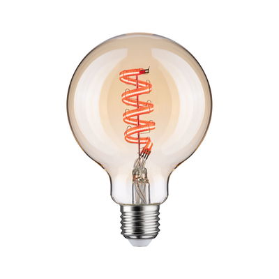 Light bulb with spiral LED filament in warm amber for decorative lighting and vintage style