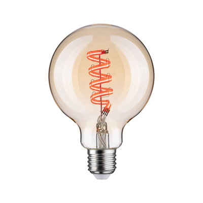 Light bulb with spiral LED filament in warm amber for decorative lighting and vintage style