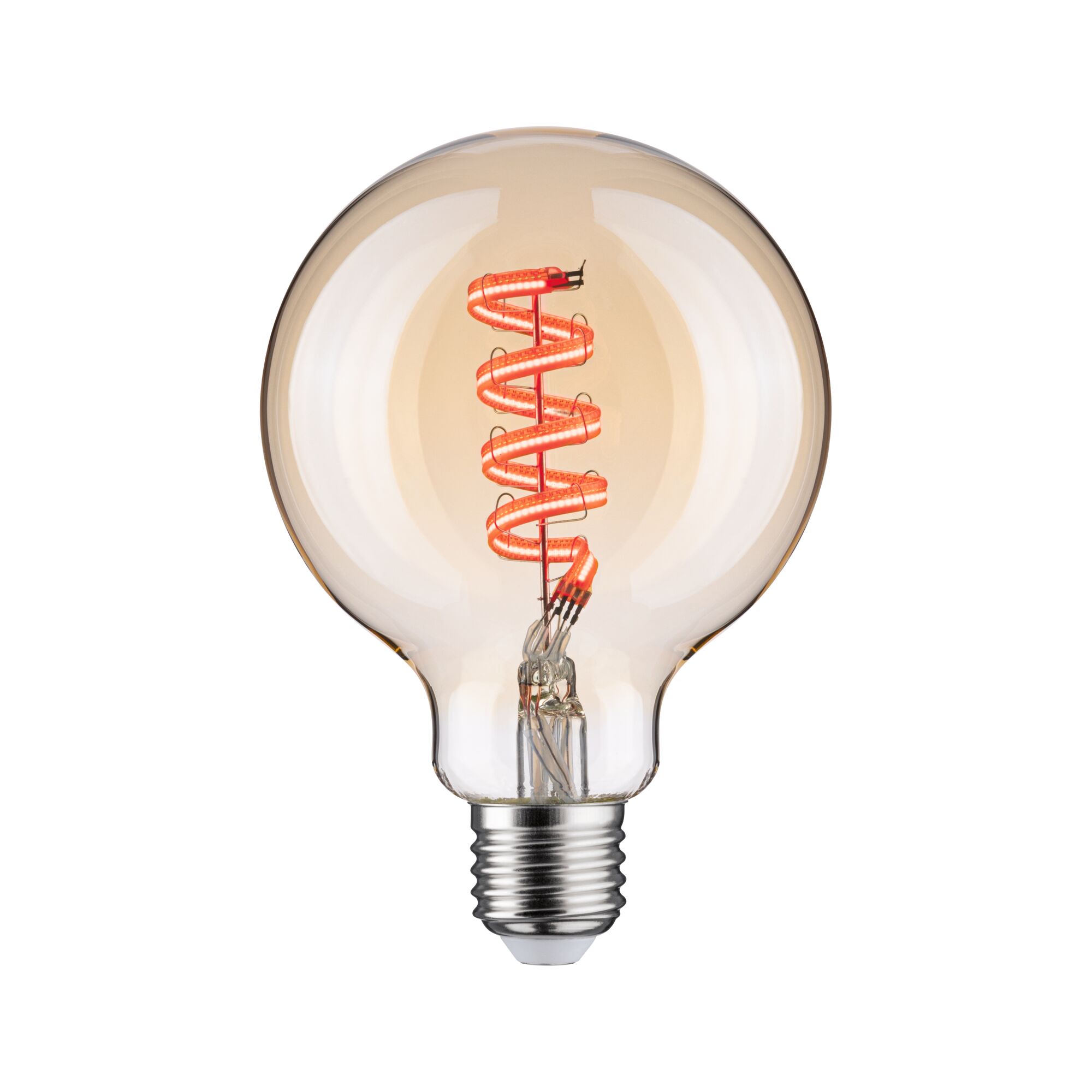 Light bulb with spiral LED filament in warm amber for decorative lighting and vintage style