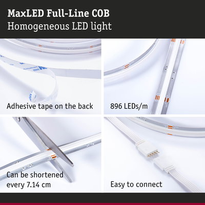 MaxLED Full-Line COB LED strip with 896 LEDs/m, adhesive backing, cuttable every 7.14 cm, easy to connect