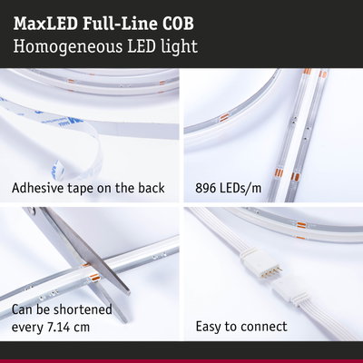 MaxLED Full-Line COB LED strip with adhesive tape, 896 LEDs per meter, cuttable and easy to connect