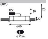 Schéma technique d'un spot LED encastré 12V de 66 mm de diamètre et 25 mm de hauteur.